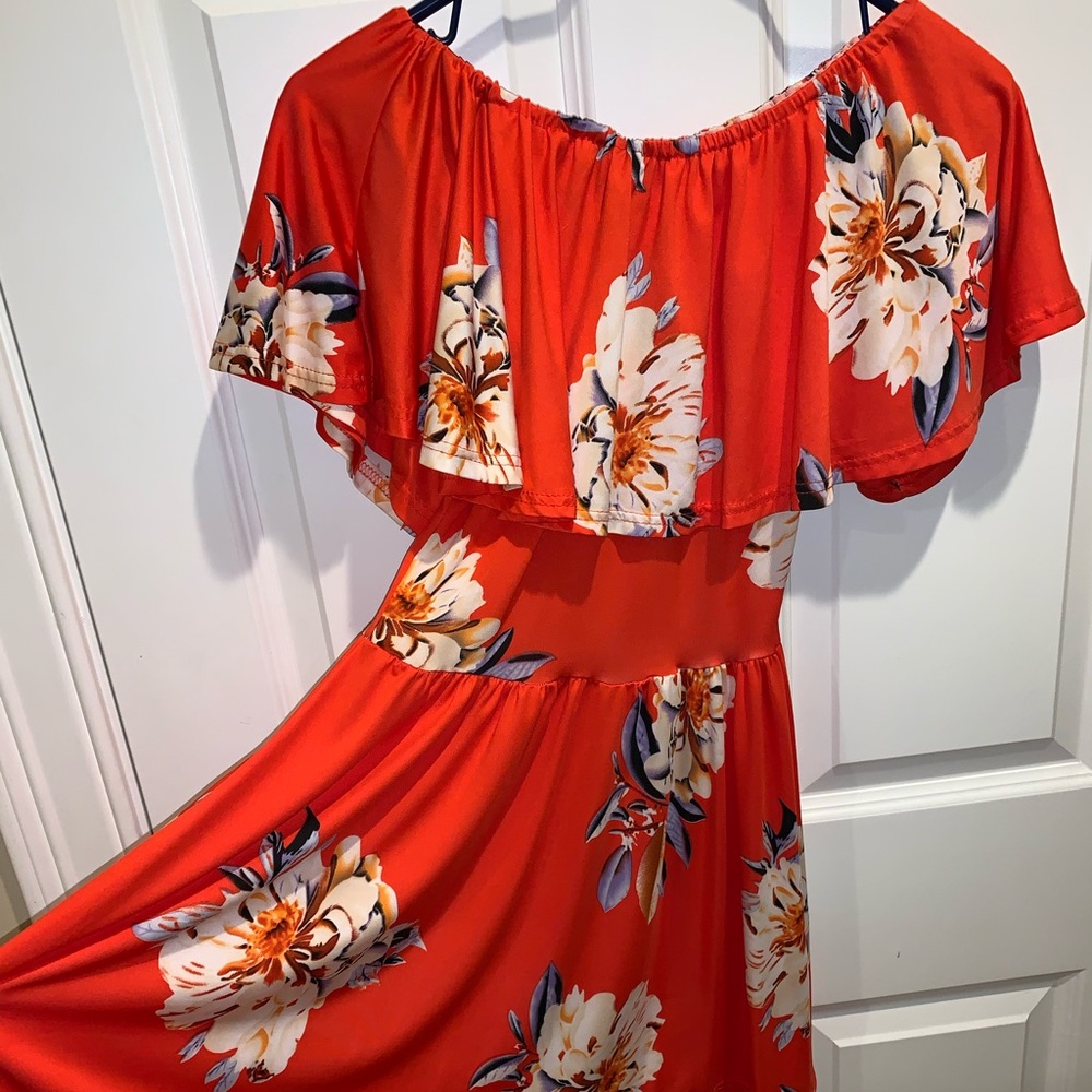 Red floral off the shoulder short sundress